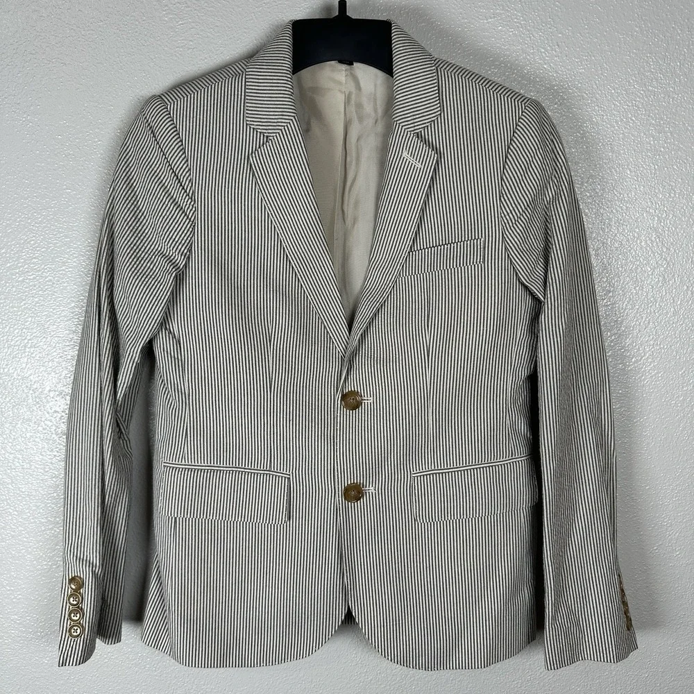 J. Crew Crewcuts Ludlow Seersucker Blazer Boys Size 12 Gray White Striped Cotton